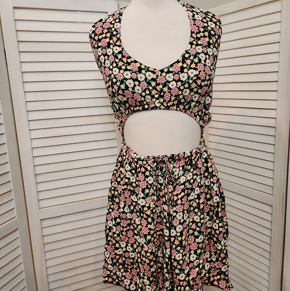 Sky To Moon Floral Cutout Mini Dress in Black with Pink & Cream Flowers NWOT